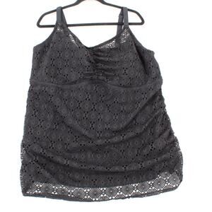 Ava & Viv Black Eyelet Tankini Top Women’s 24W Plus Size Swim Top Ruched Stretch